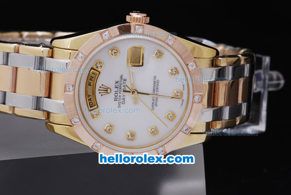 Rolex Day-Date Automatic Two Tone with Rose Gold Bezel and White Dial-Diamond Mark - Click Image to Close